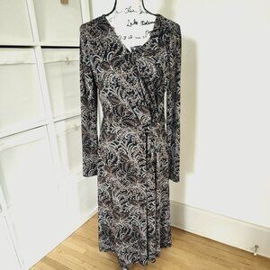 Talbots Black Paisley Print Faux Wrap Midi Dress Women's LARGE Flattering